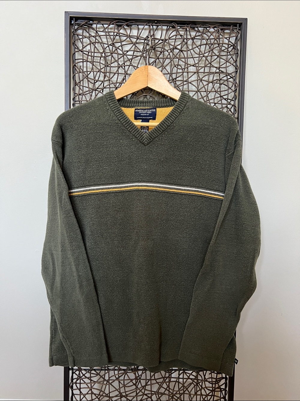 vintage Y2K American Eagle Outfitters olive green sweater cotton bl stripe Men L